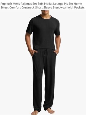 Popilush Black Men’s Short Sleeve Modal Lounge Pajama Set Large